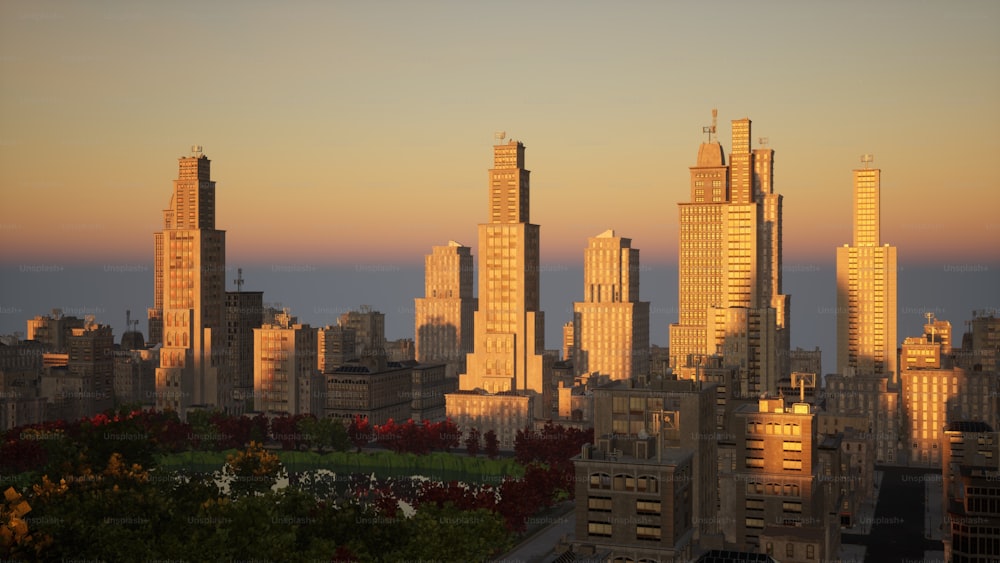 a view of a city skyline at sunset