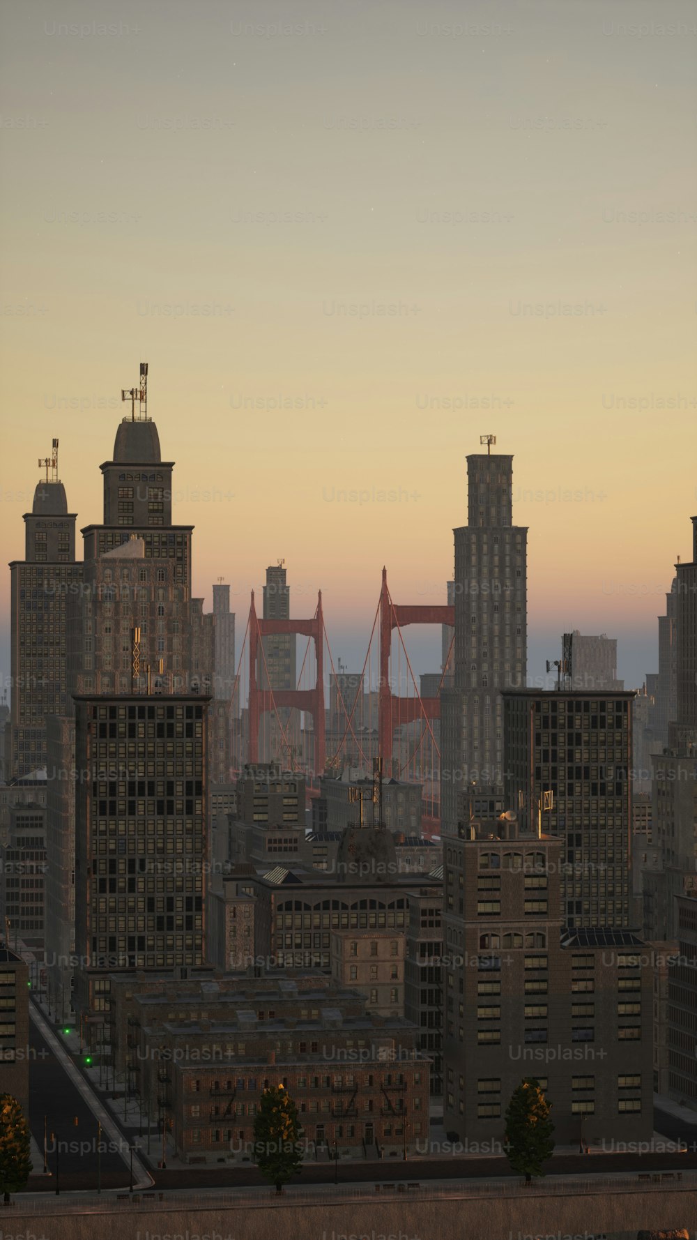 a city skyline with a bridge in the distance