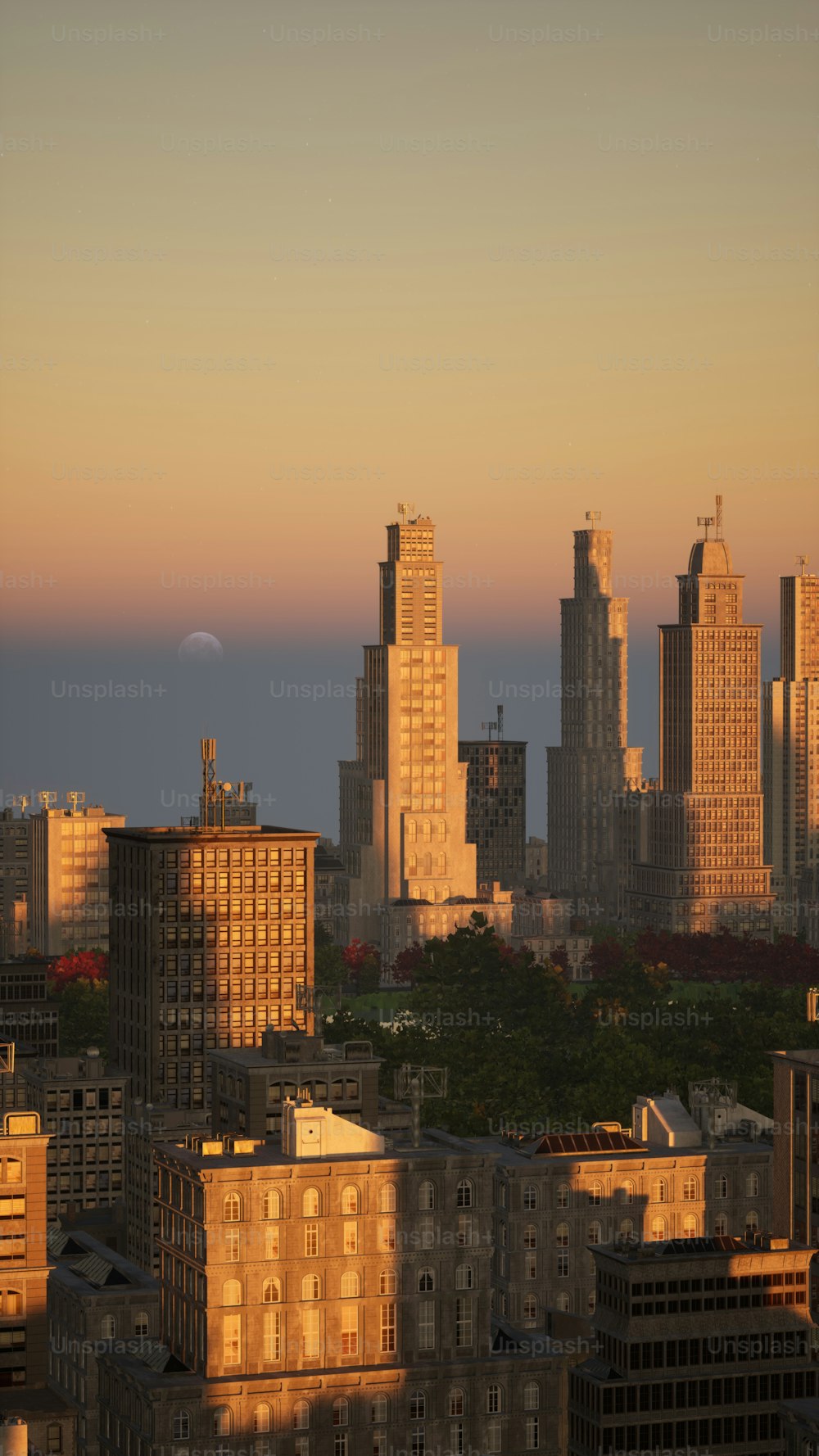 a view of a city skyline at sunset