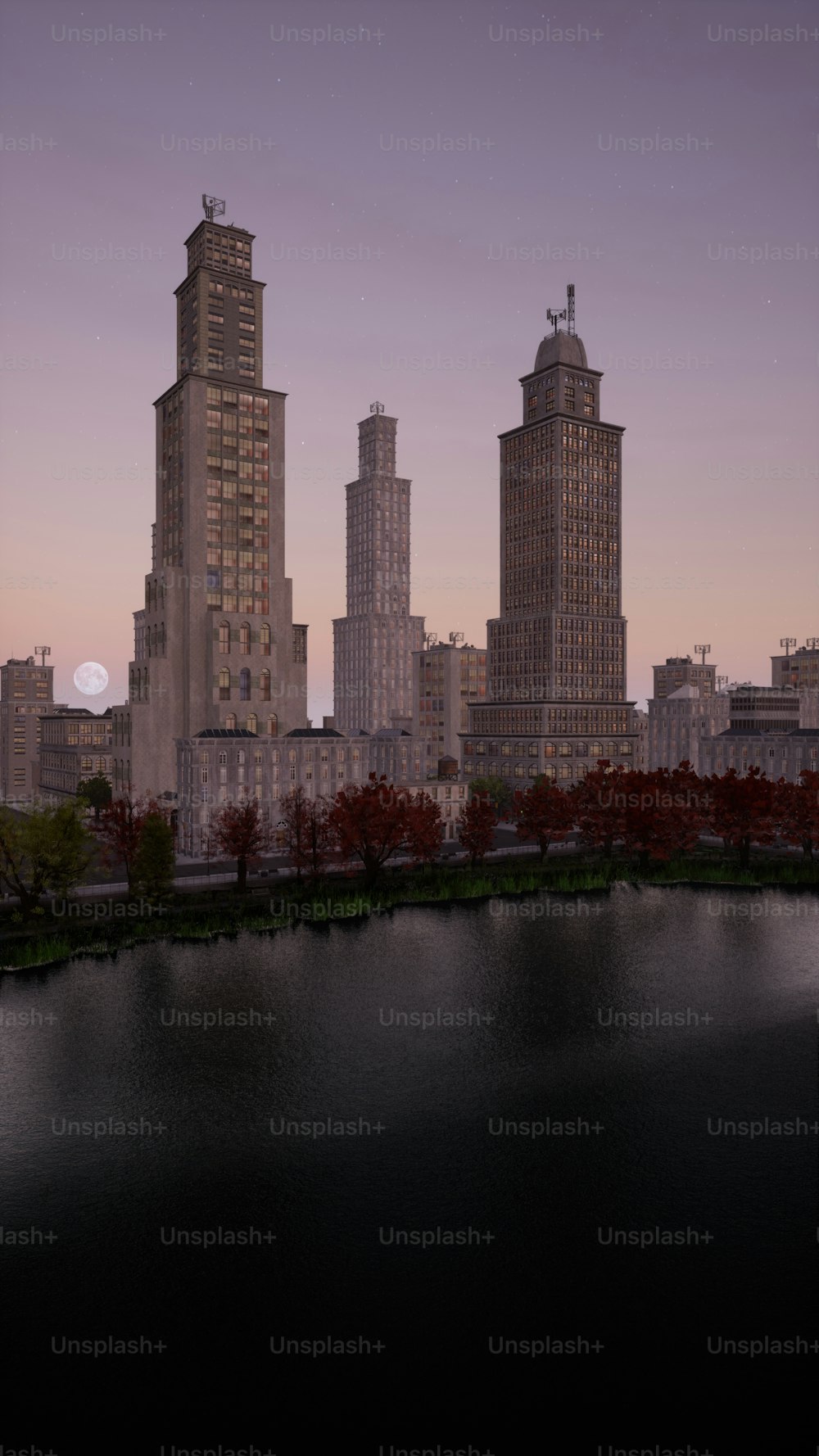 a body of water with a city in the background