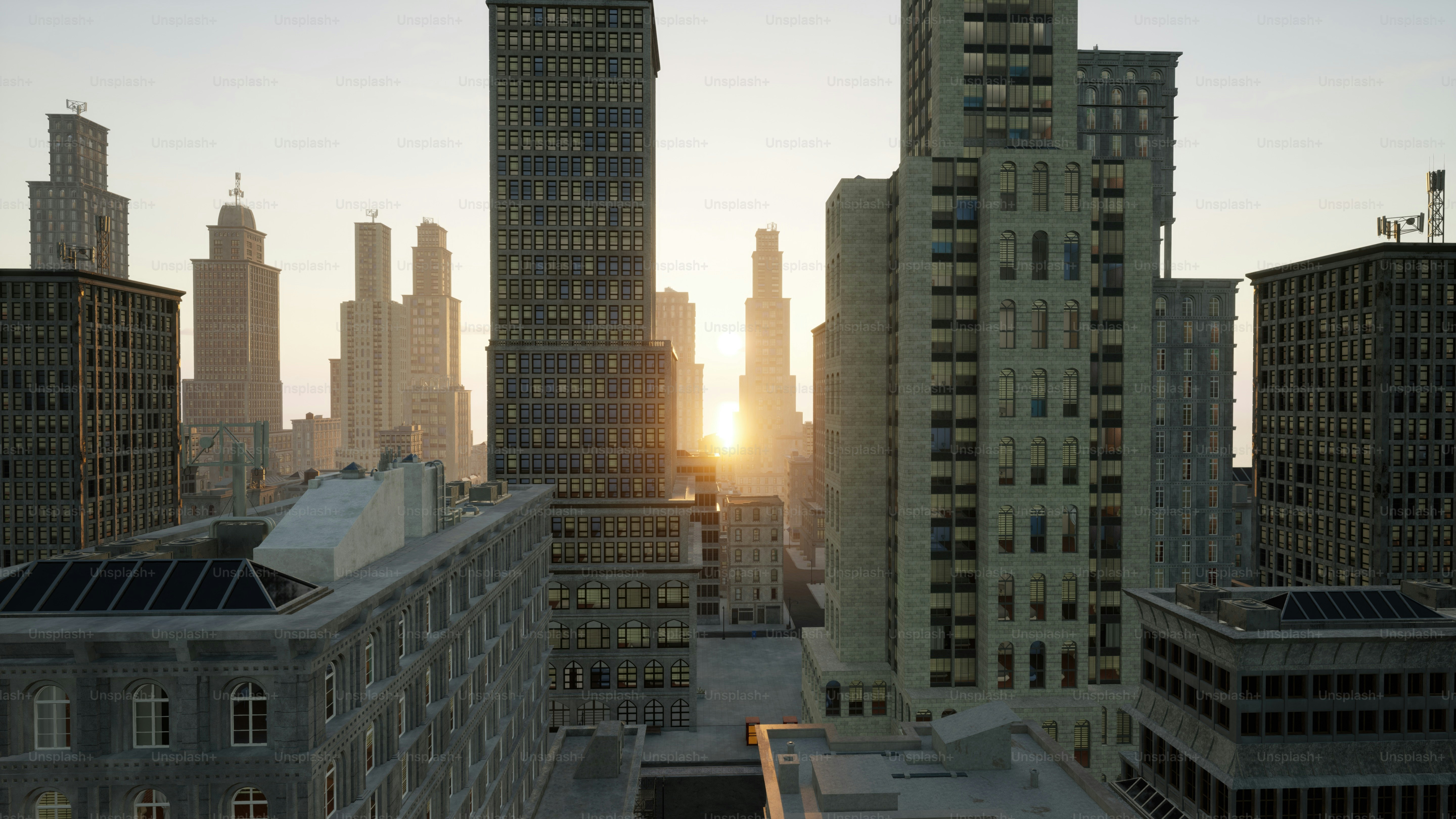 the sun is setting in a city with tall buildings