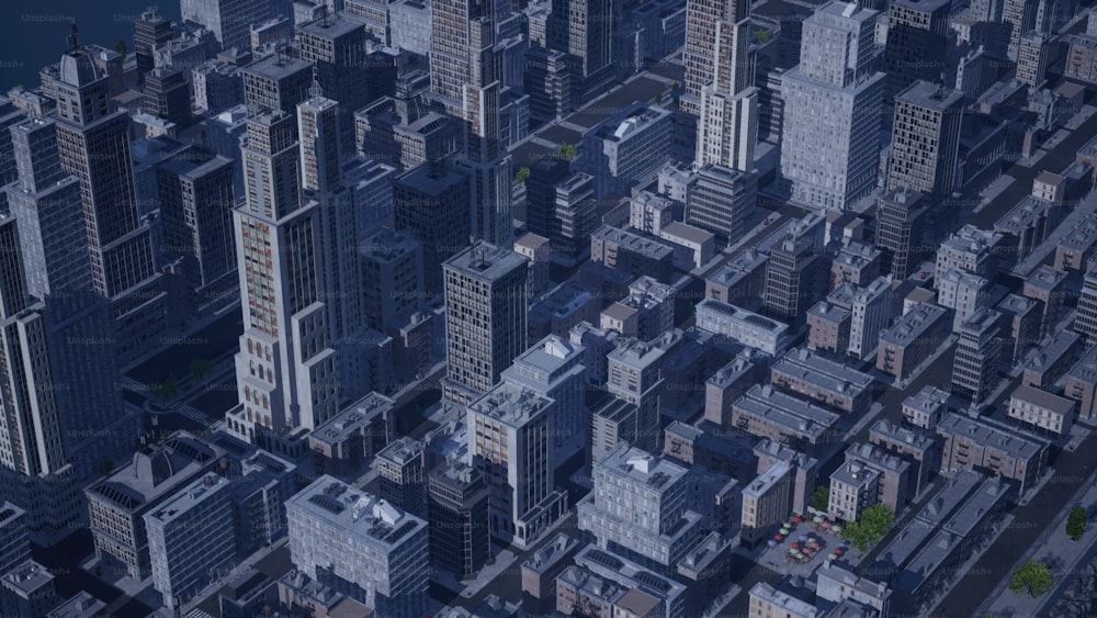 an aerial view of a city with tall buildings