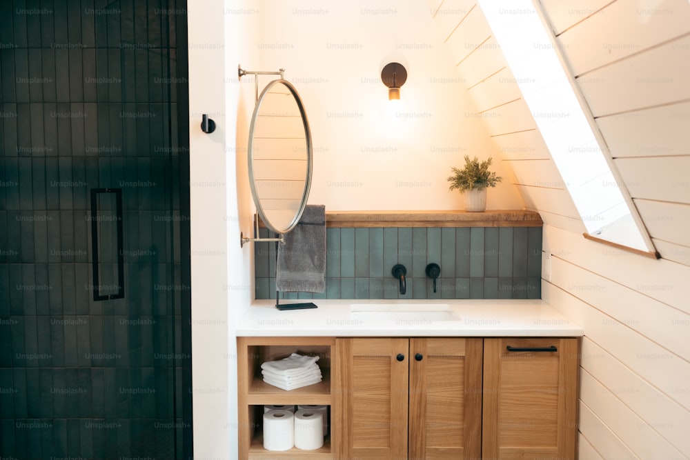 a bathroom with a sink and a mirror