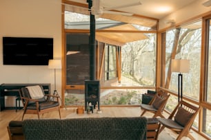 a living room filled with furniture and a fire place