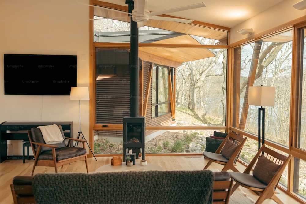 a living room filled with furniture and a fire place