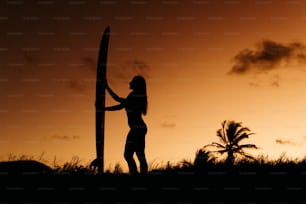uma silhueta de uma mulher segurando uma prancha de surf