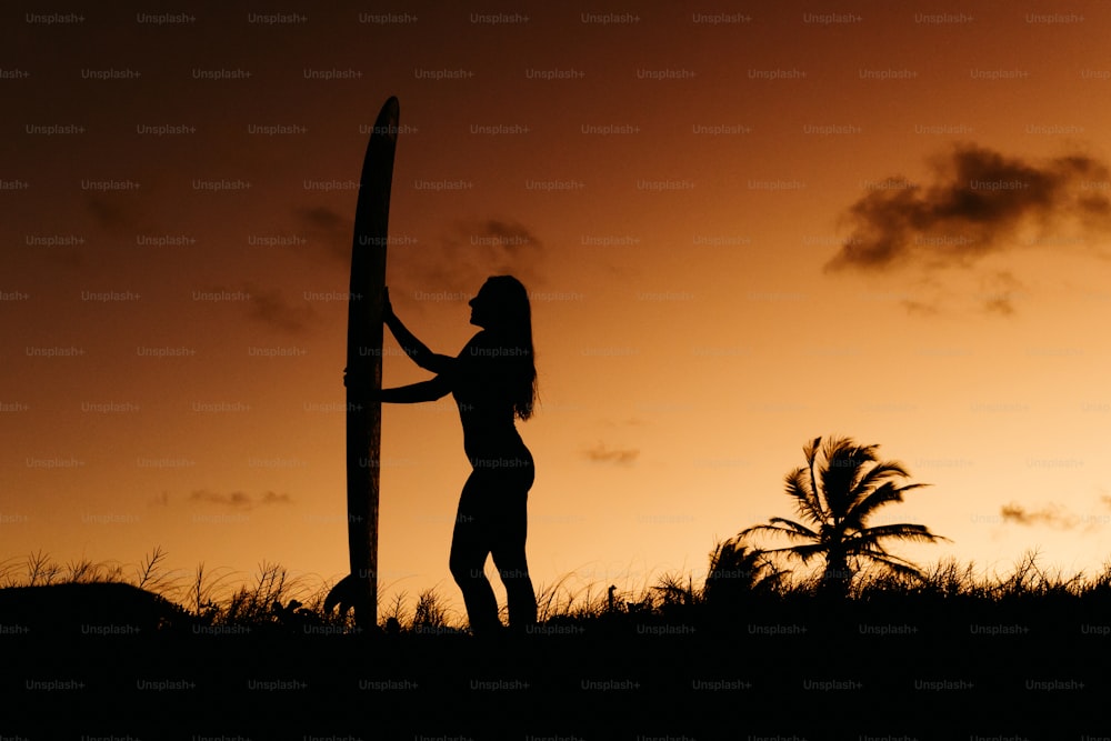 una silueta de una mujer sosteniendo una tabla de surf