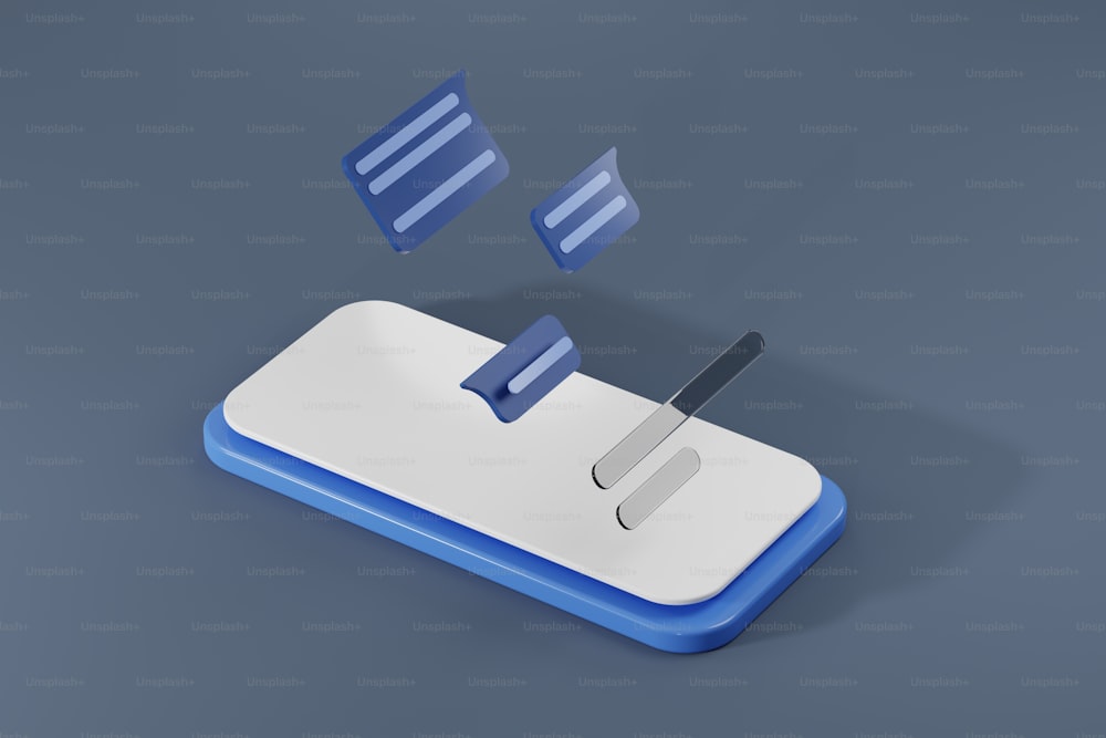 un oggetto quadrato blu e bianco con un paio di forbici che sporgono da esso