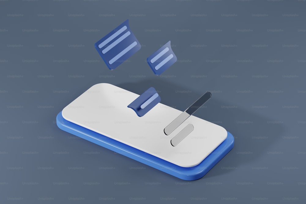 a blue and white square object with a pair of scissors sticking out of it