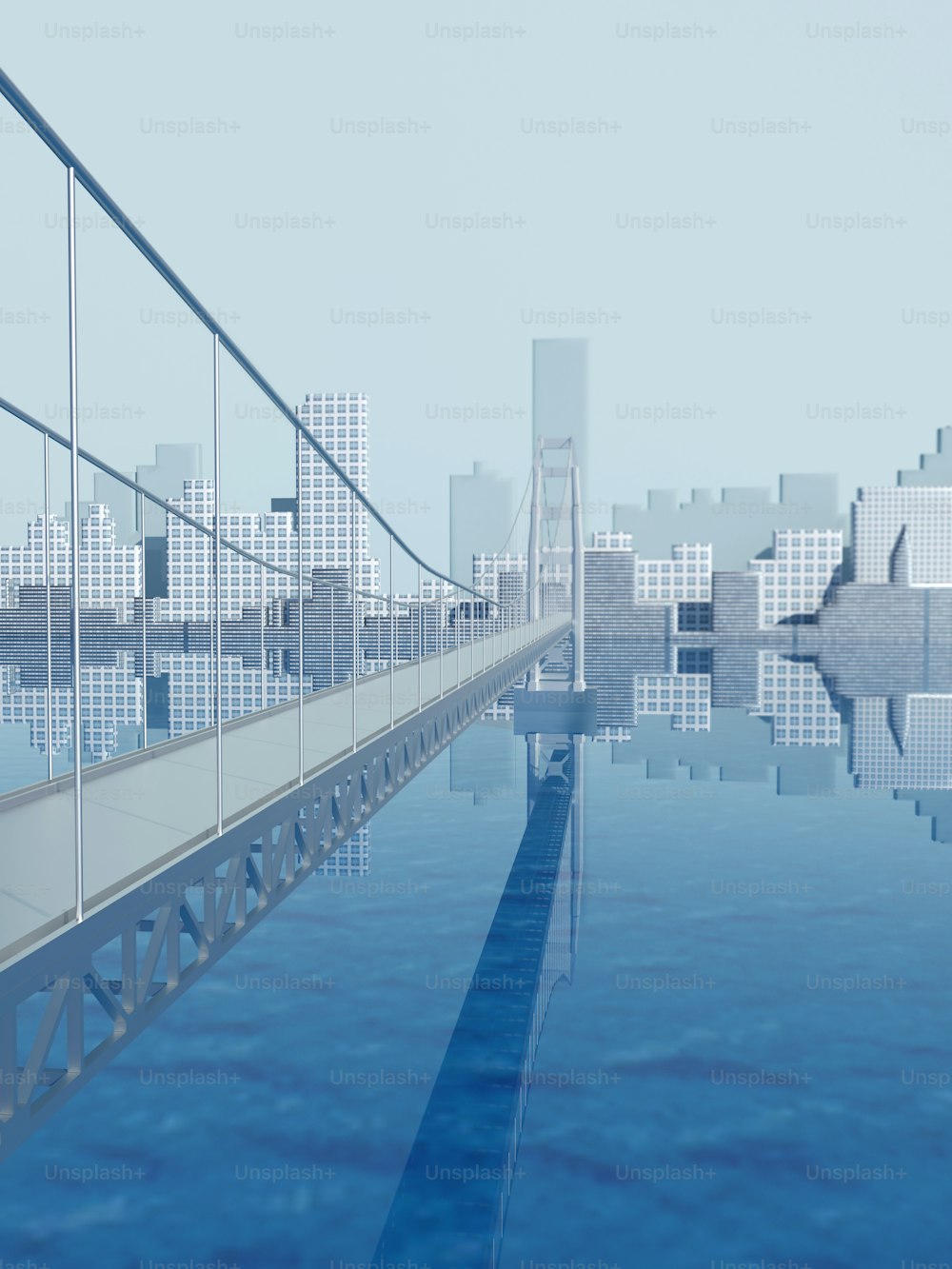 Un ponte su uno specchio d'acqua con una città sullo sfondo