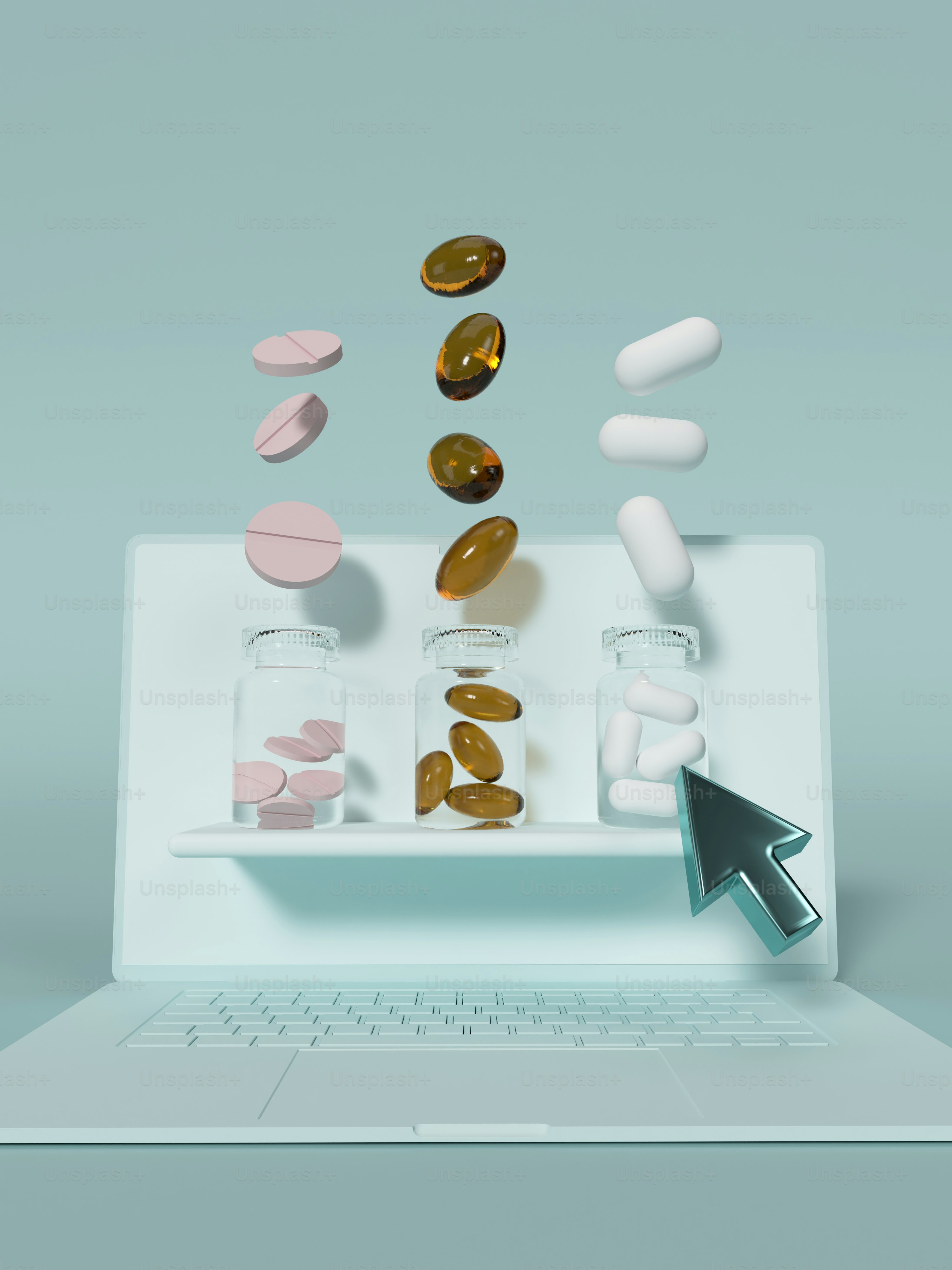 a laptop with pills coming out of it