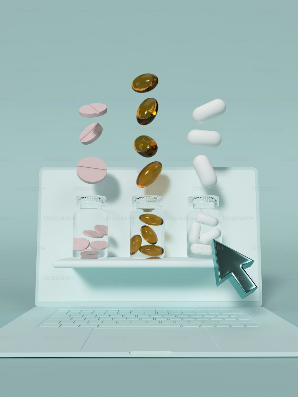 a laptop with pills coming out of it