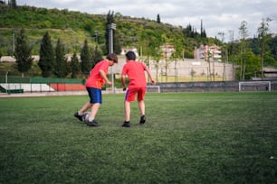 a couple of young men standing on top of a lush green field