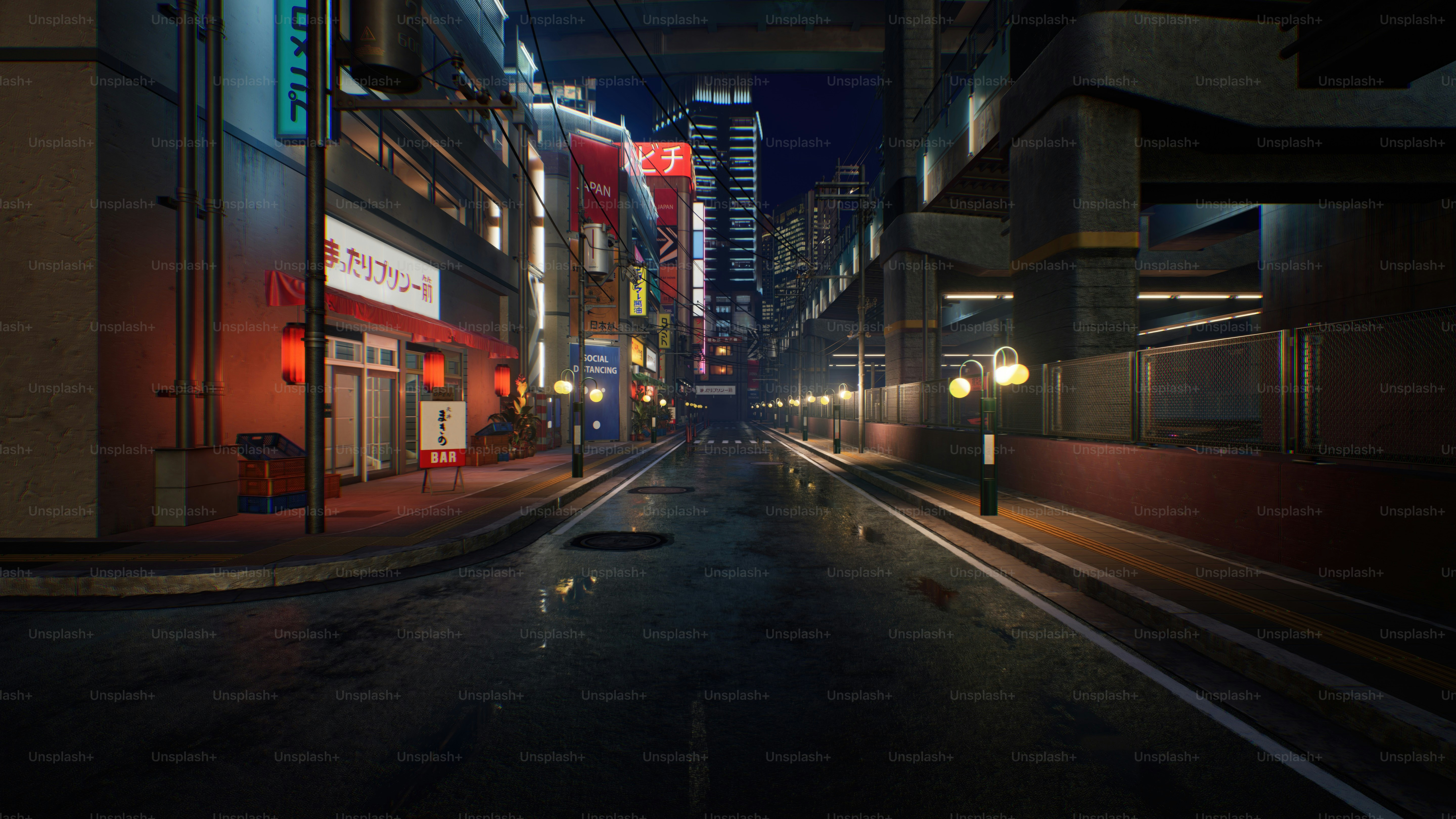 a city street at night with buildings and street lights