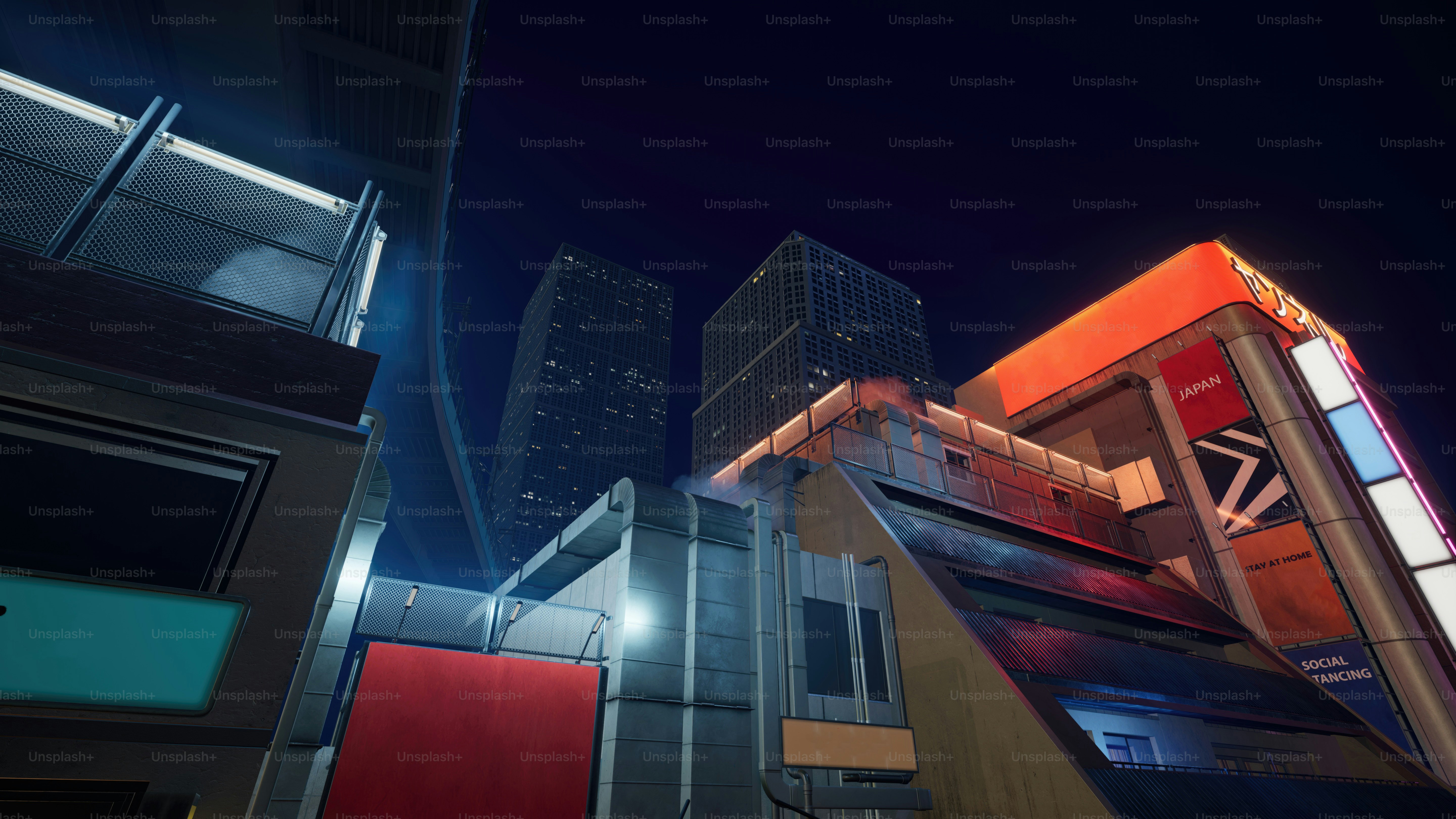 a night scene of a city with tall buildings