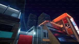Une scène nocturne d’une ville avec de grands immeubles