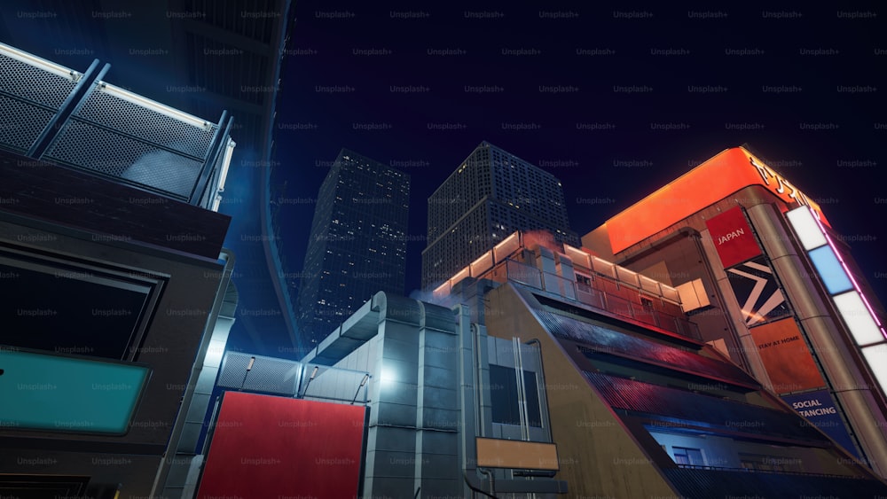 a night scene of a city with tall buildings