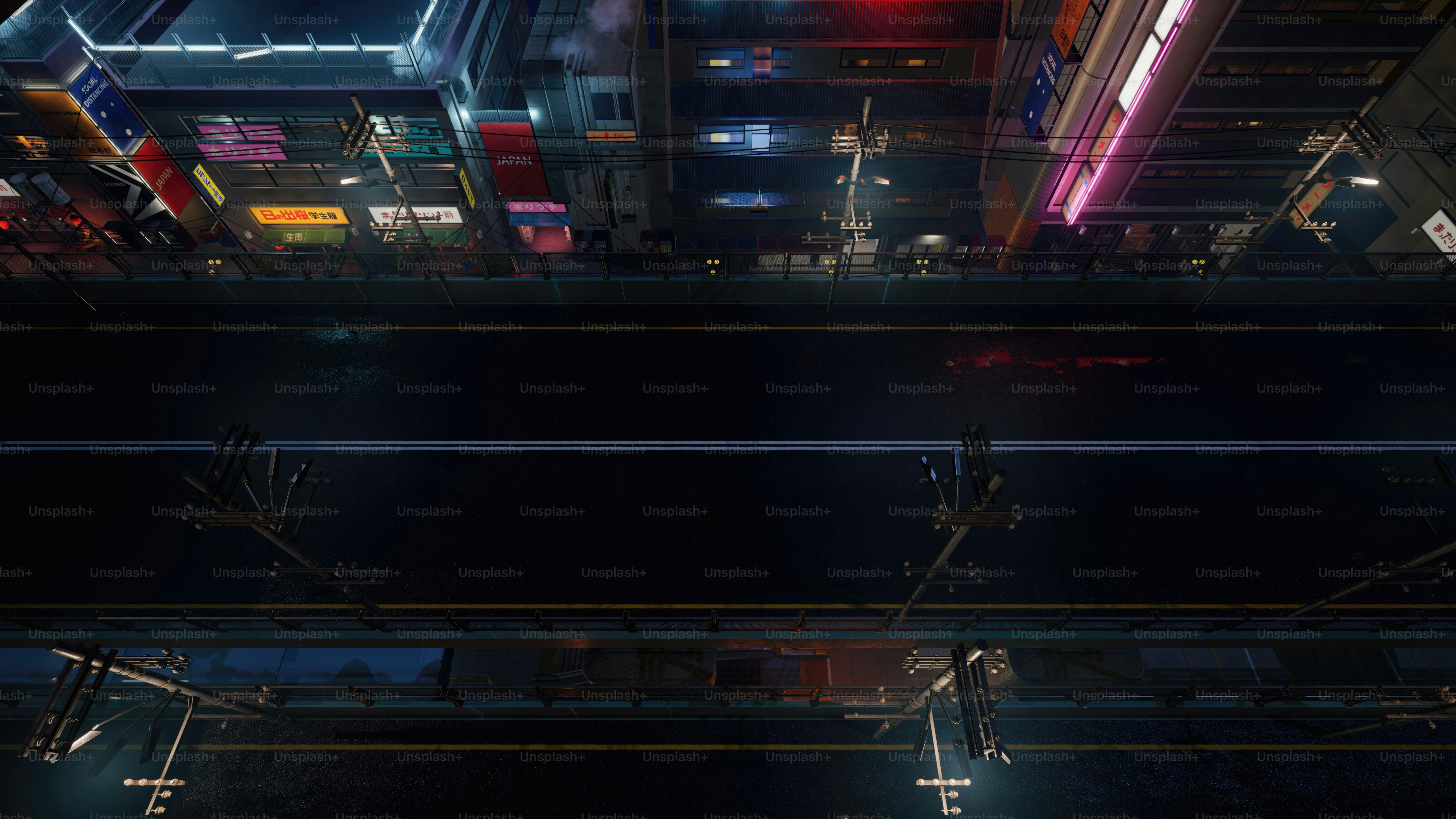 an aerial view of a city at night