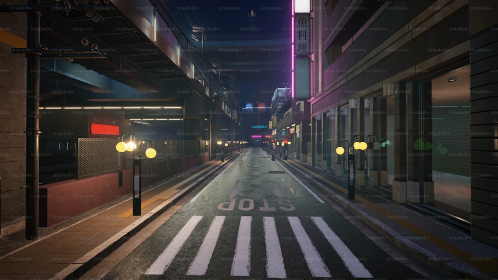 eine leere Stadtstraße bei Nacht mit einem Zebrastreifen