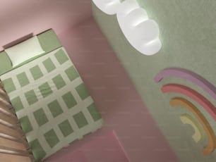 ein Zimmer mit einem Bett und einer grünen Wand