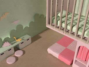 a child's room with a crib, dresser, and bed