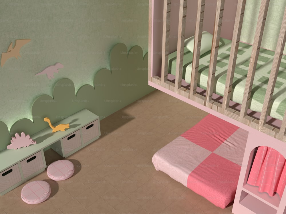 a child's room with a crib, dresser, and bed