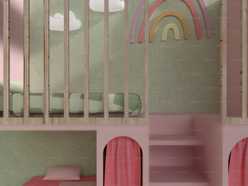 ピンクのベッドと緑の壁のある子供部屋