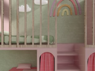 a child's bedroom with a pink bed and green walls
