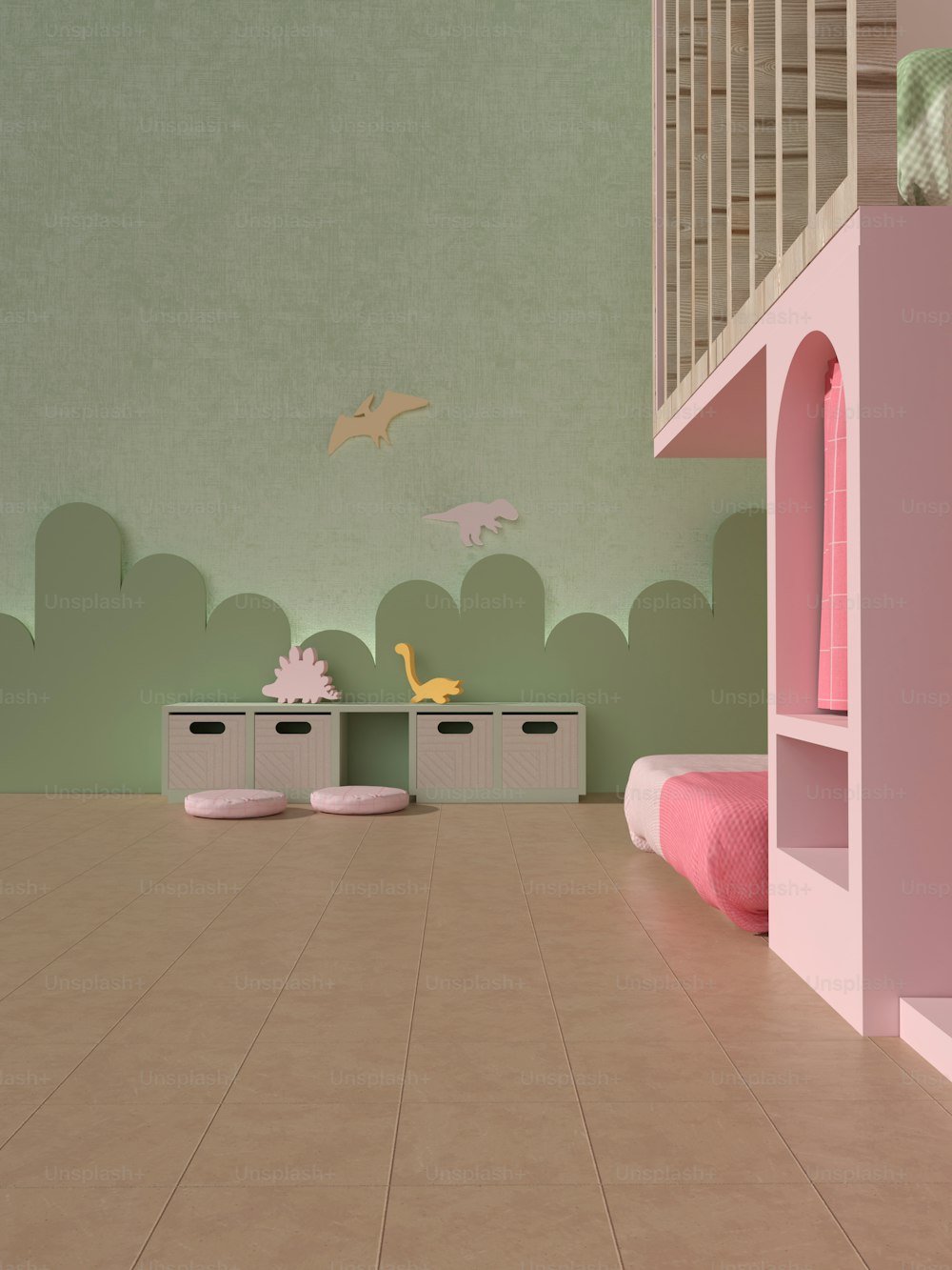 a child's room with pink furniture and green walls
