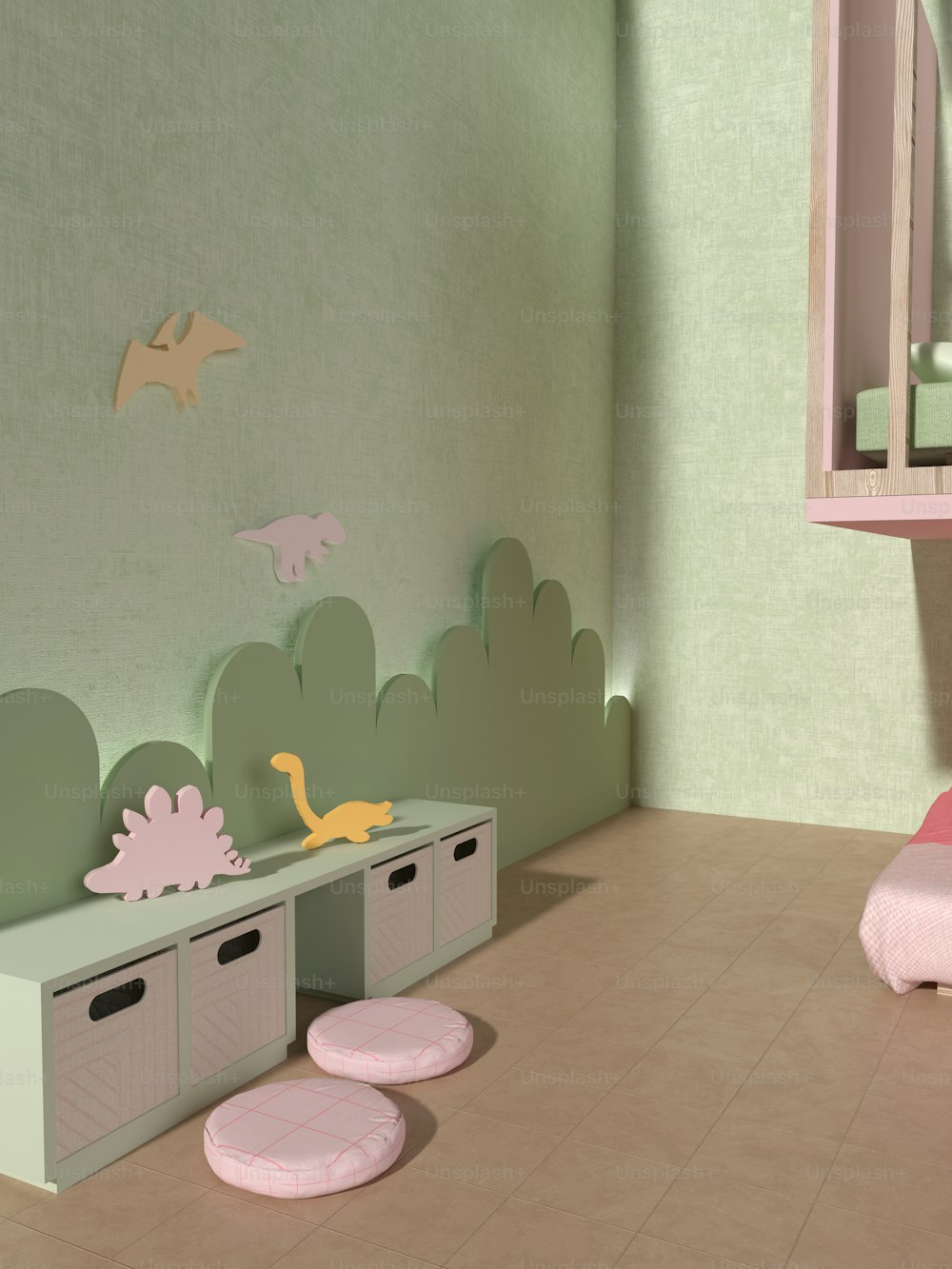 ピンクの家具と緑の壁の子供部屋