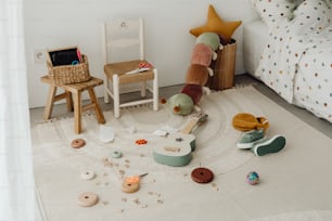 a child's bedroom with a stuffed animal on the floor