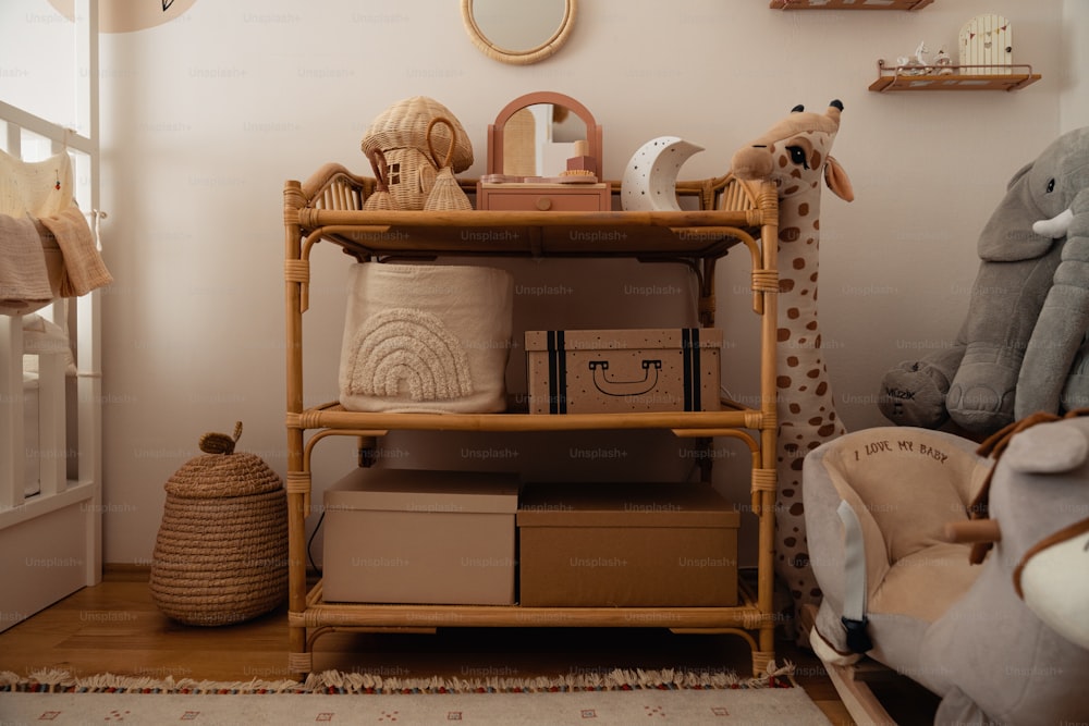 a room with a wooden shelf filled with stuffed animals