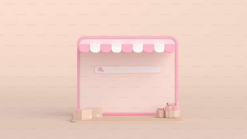 eine rosafarbene Kiste mit einer weißen Markise und zwei kleinen Kisten davor