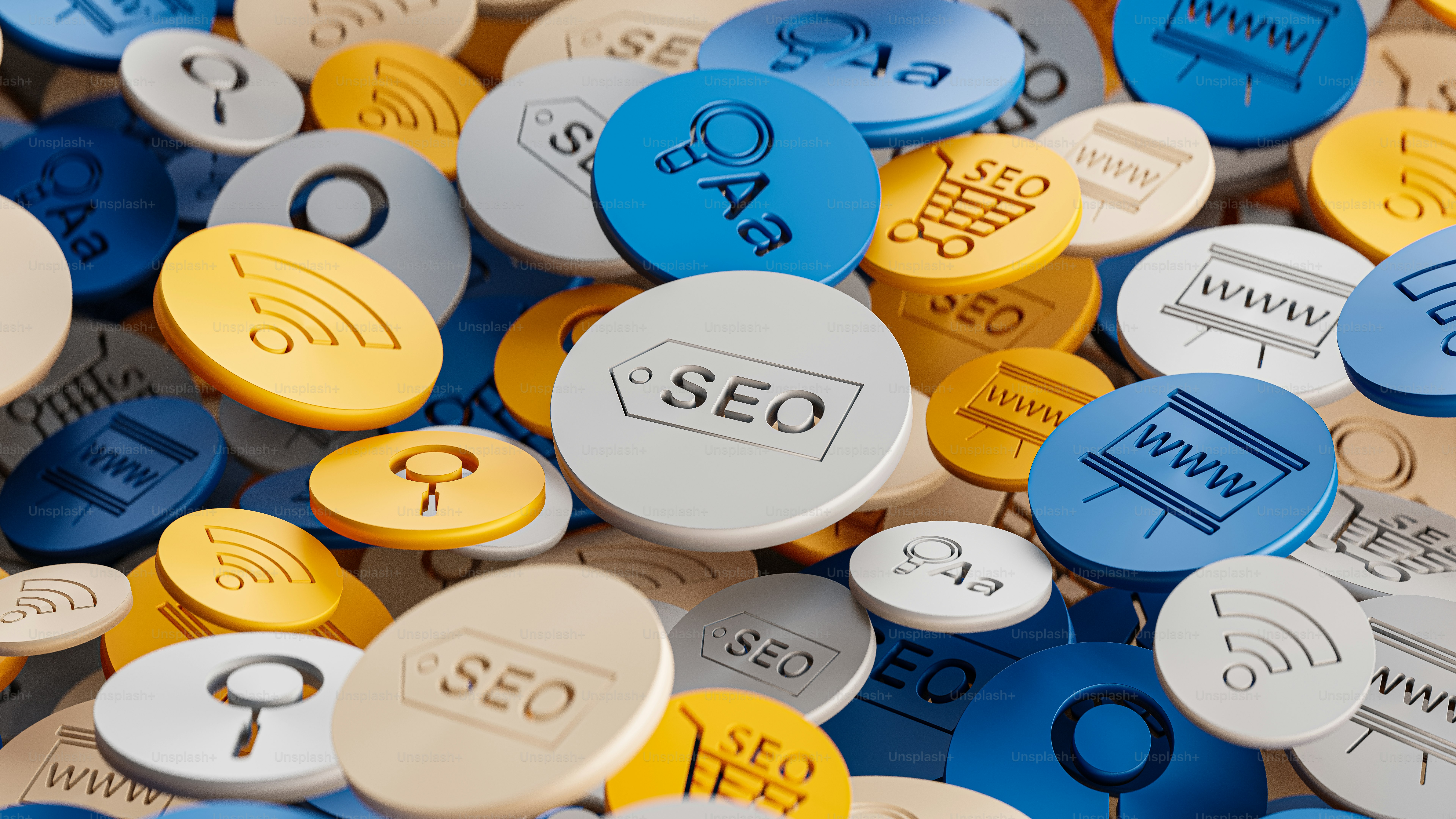 3D render of icons representing Search Engine Optimization, 8K resolution.