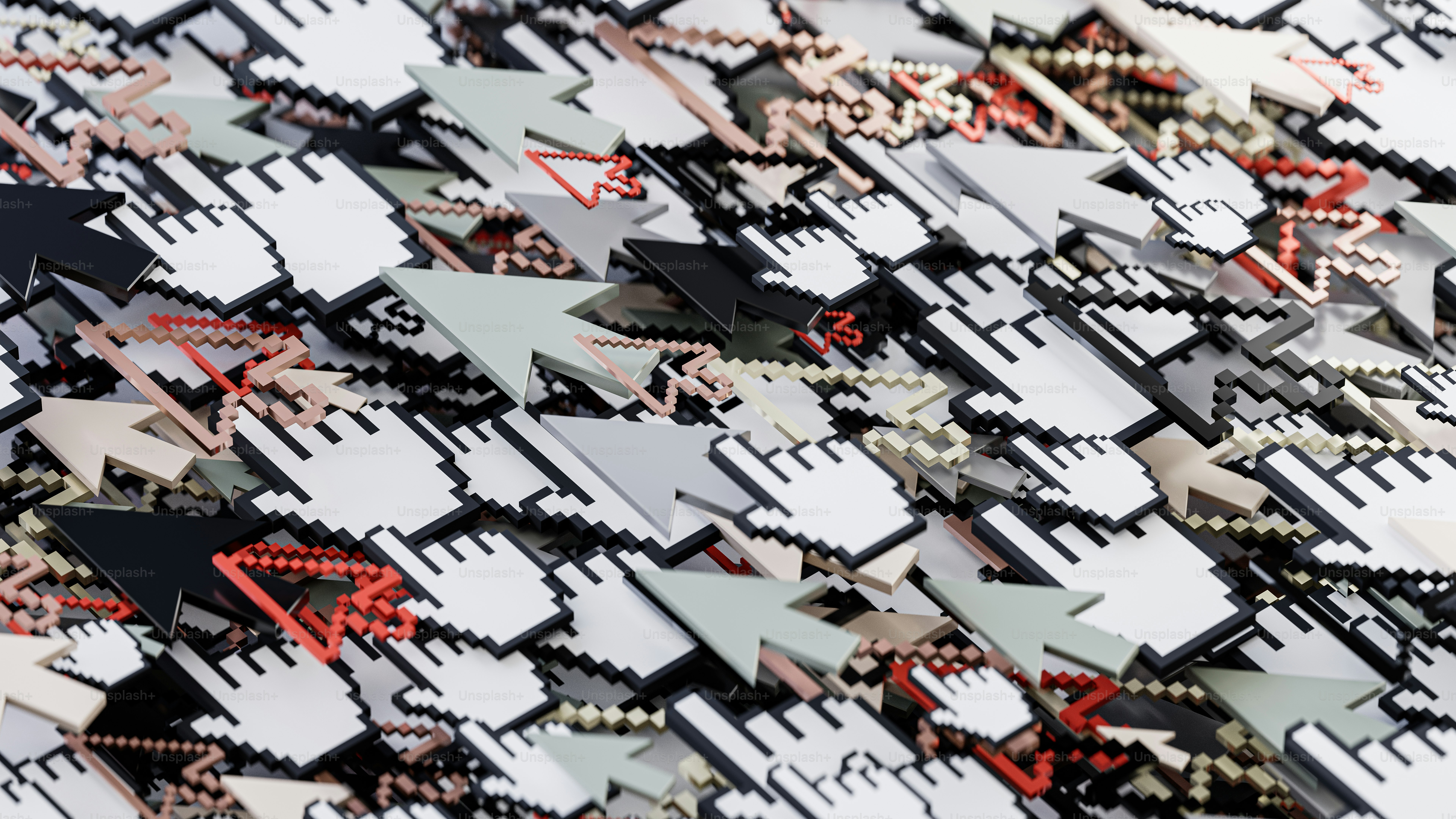 3D render of various internet cursors, 8K resolution.