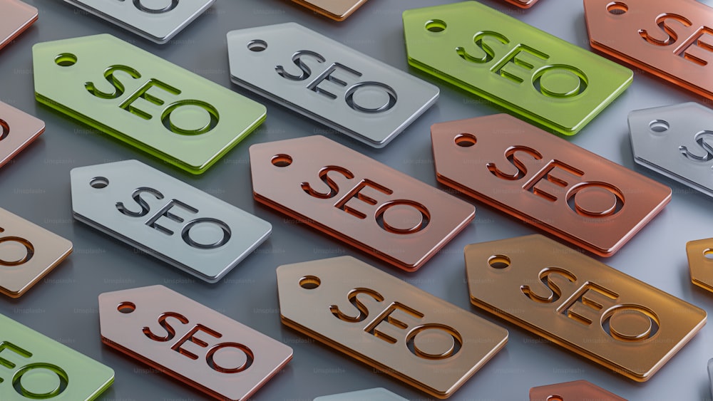 a group of different colored tags with the word seo on them