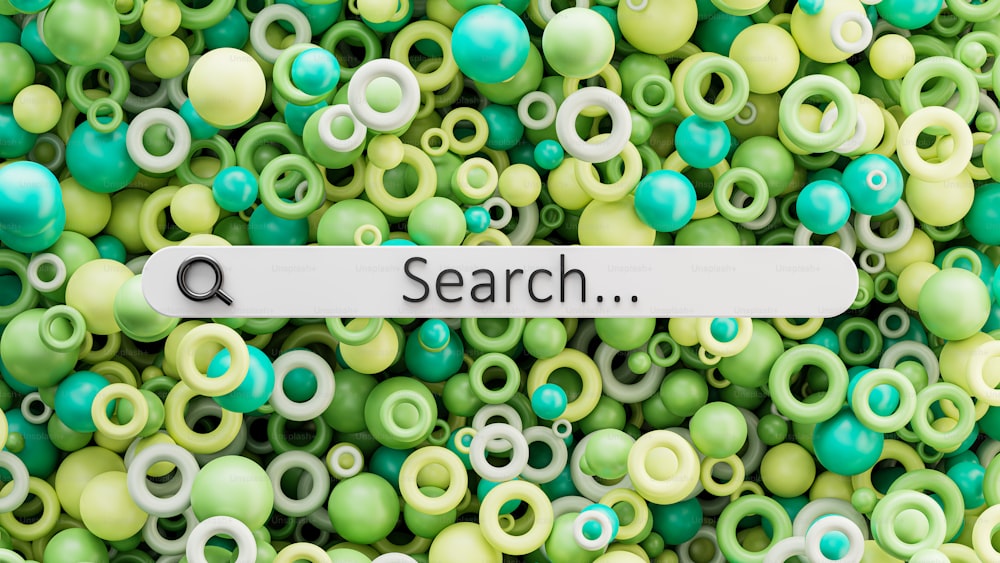 a pile of green and yellow beads with the word search on it