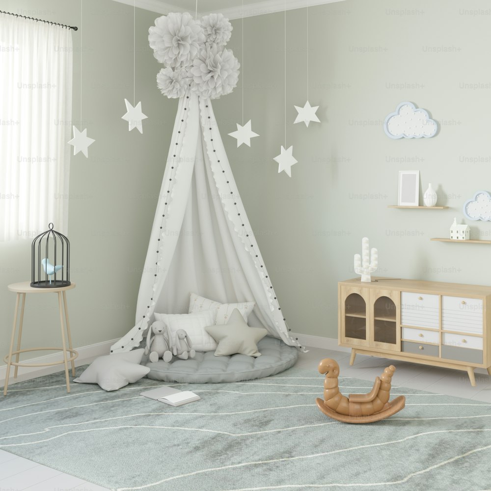 a child's room with a teepee tent and a rocking horse