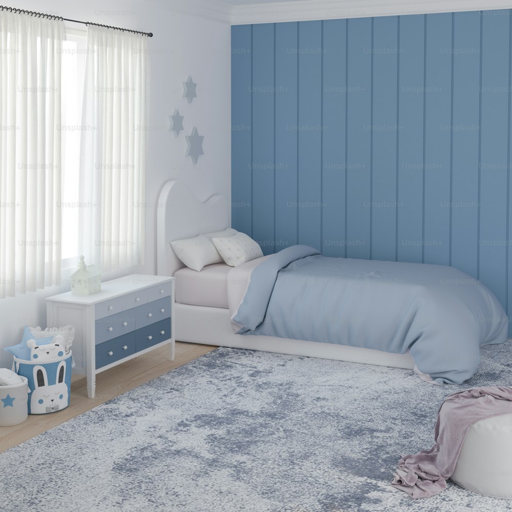 a child's bedroom with blue walls and white furniture