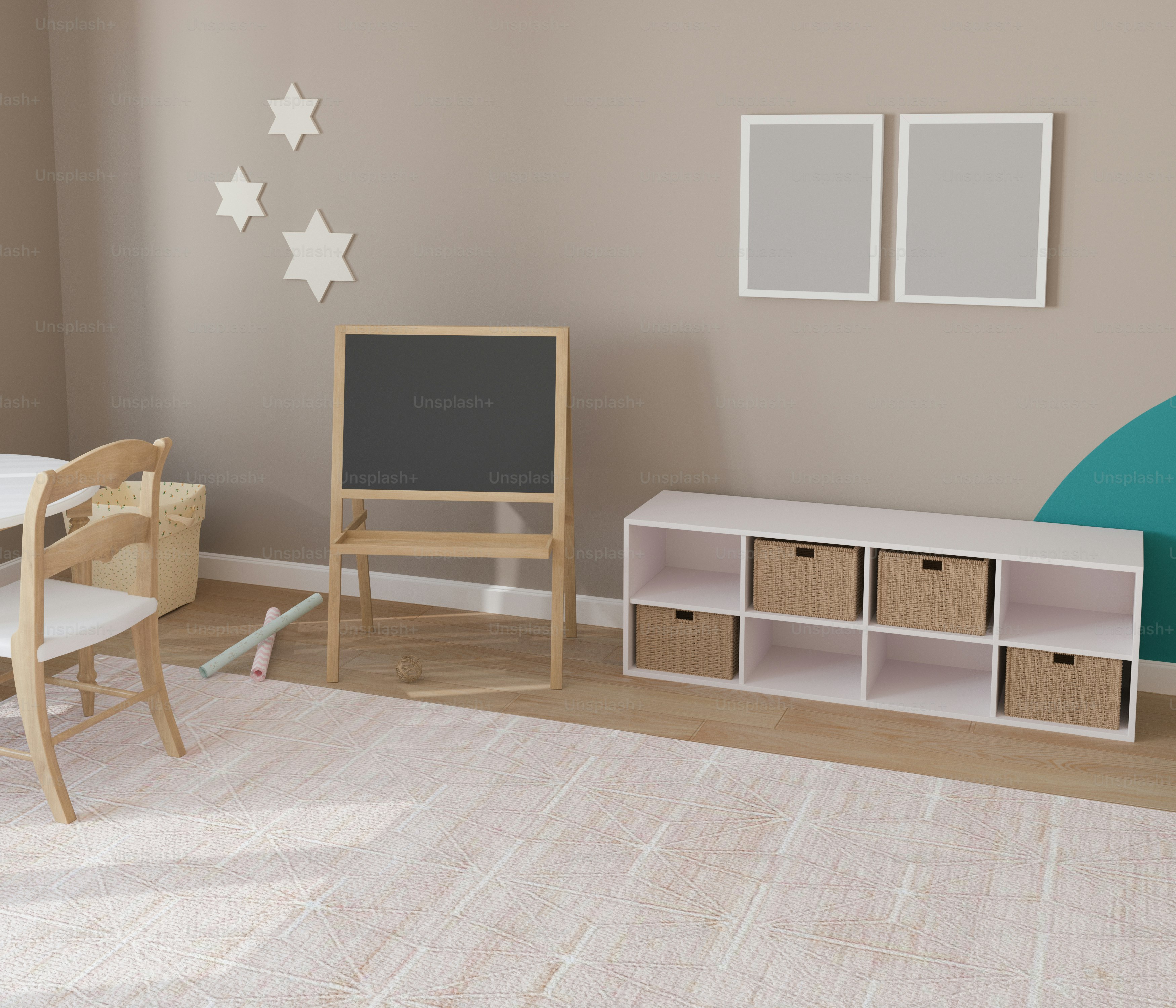 a small child's room with a table and chairs