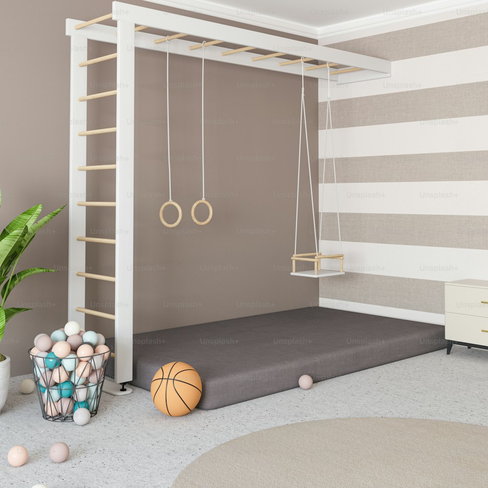 una habitación con una cama y una pelota de baloncesto en el suelo