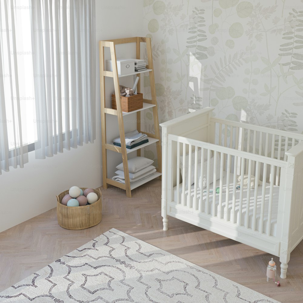 a baby's room with a white crib and a white rug
