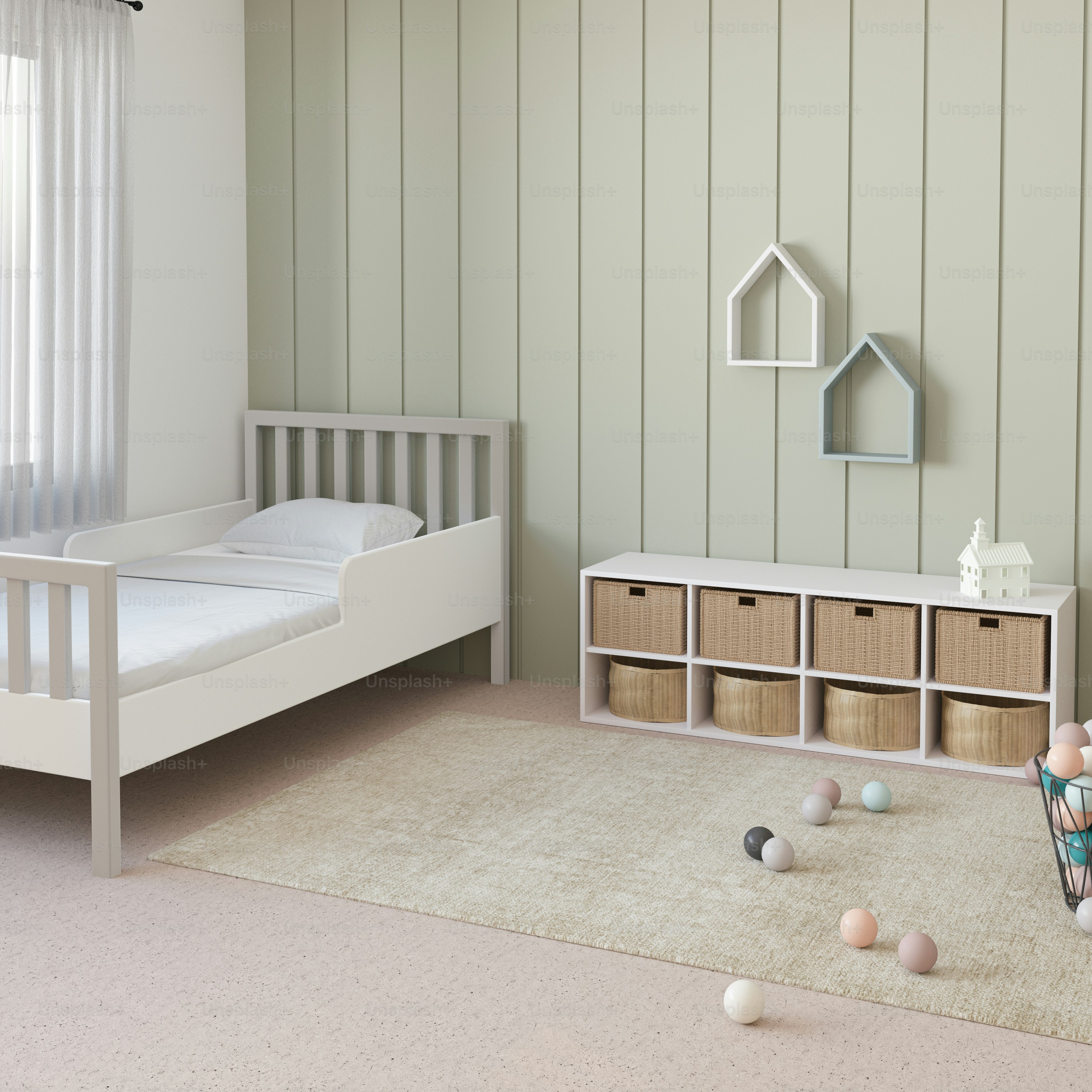 a bedroom with a white bed and a white dresser