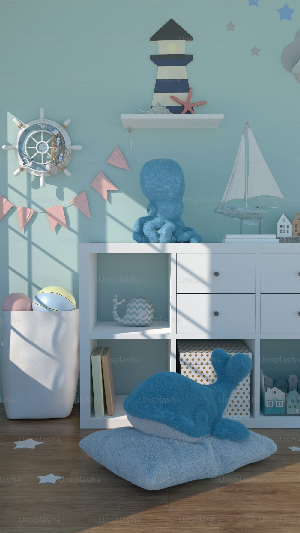 a child's room with a book shelf and toys