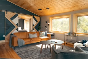 a living room filled with furniture and a wooden ceiling