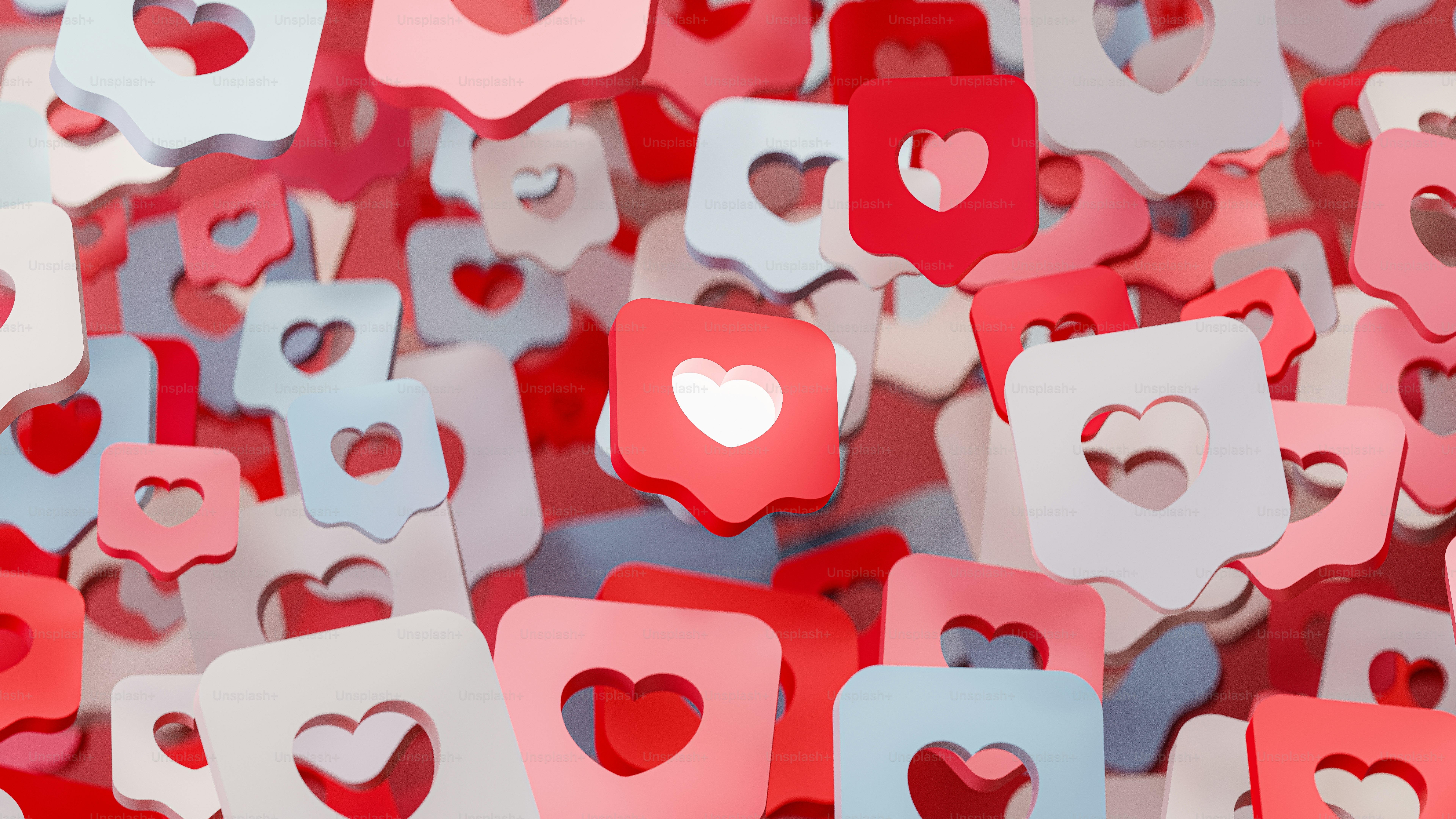 3D render of red social media Likes, 8K resolution.