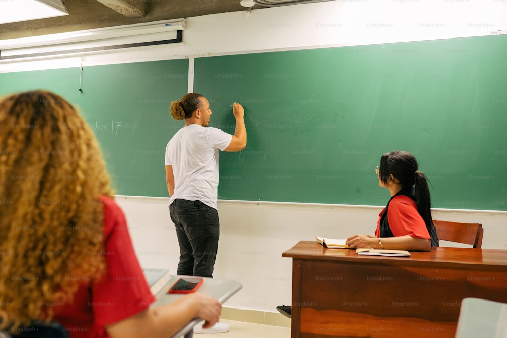 a woman writing on a chalkboard in a classroom