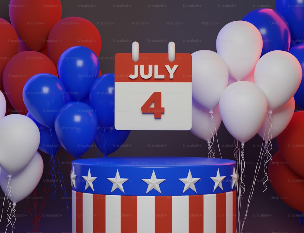 Um calendário de quatro de julho cercado por balões