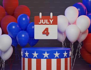 Um calendário de quatro de julho cercado por balões