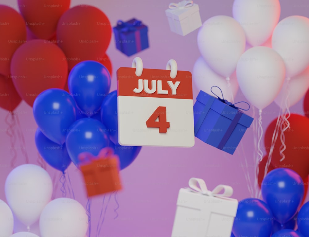 Un calendario con la fecha 4 de julio rodeado de globos